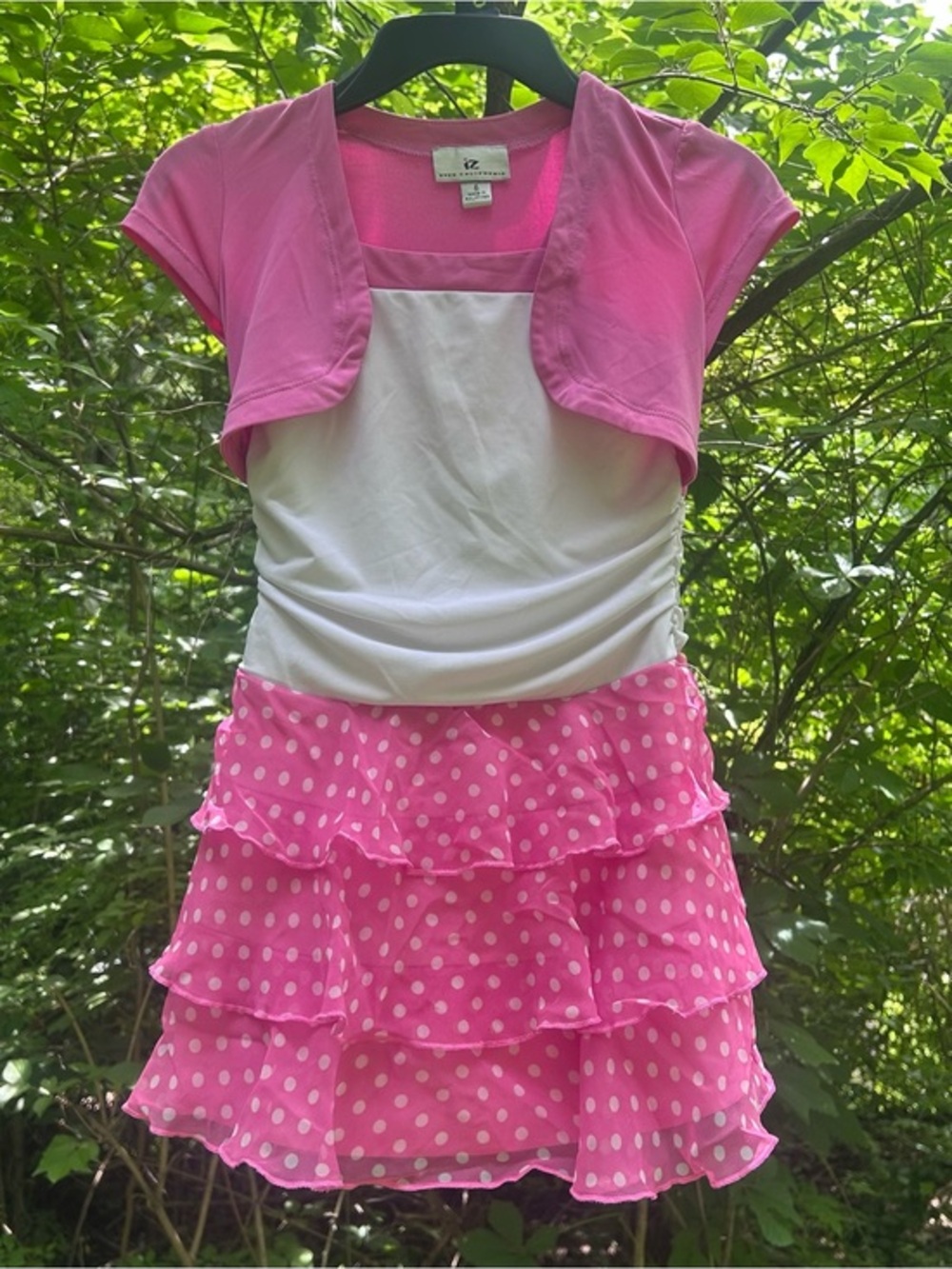Y2K iz Byer California Pink & White Polka Dot Tiered Ruffle Faux Shrug Dress